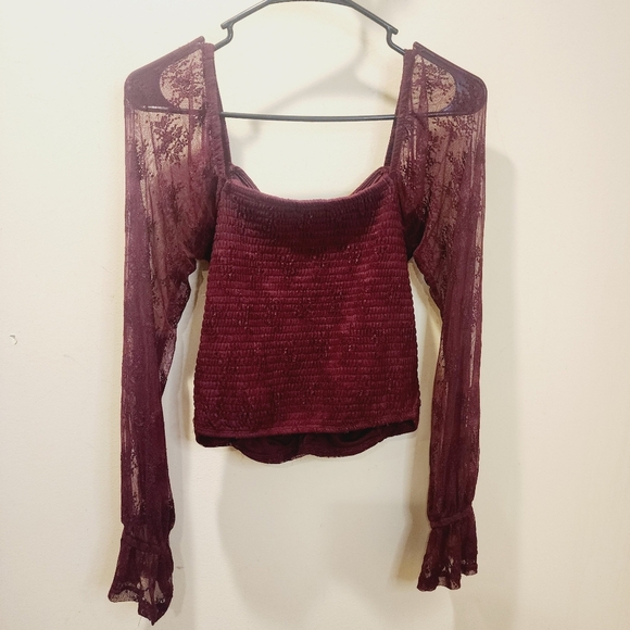 SELF E Red Burgundy Long Sleeves Lace Rush Blouse size S - Picture 8 of 11
